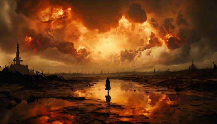 Eine brachliegende, dunkle Landschaft. Nicht genauer zu erkennen. rot-braune Wolken mit dem Durchbruch der Sonne am Himmel. Eine dunkle Person steht mittig in einer großen Pfütze.